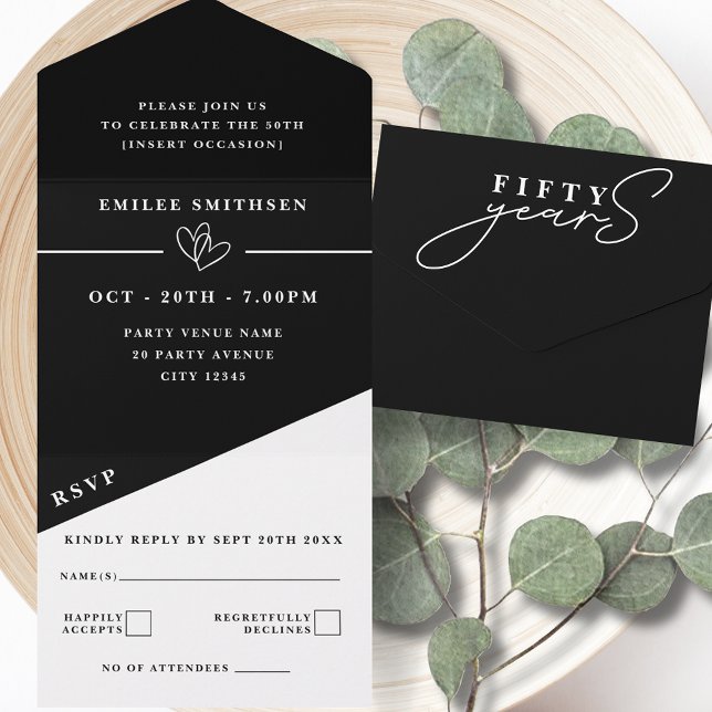 Black White 50th Birthday or Anniversary All In One Invitation (Creator Uploaded)