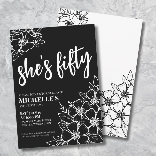 Black White 50th Birthday Party Invitation (Floral Fifty Black White 50th Birthday Party Invitation)
