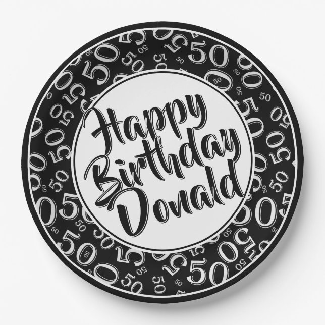 Black/White 50th Random Number Pattern Paper Plate (Front)