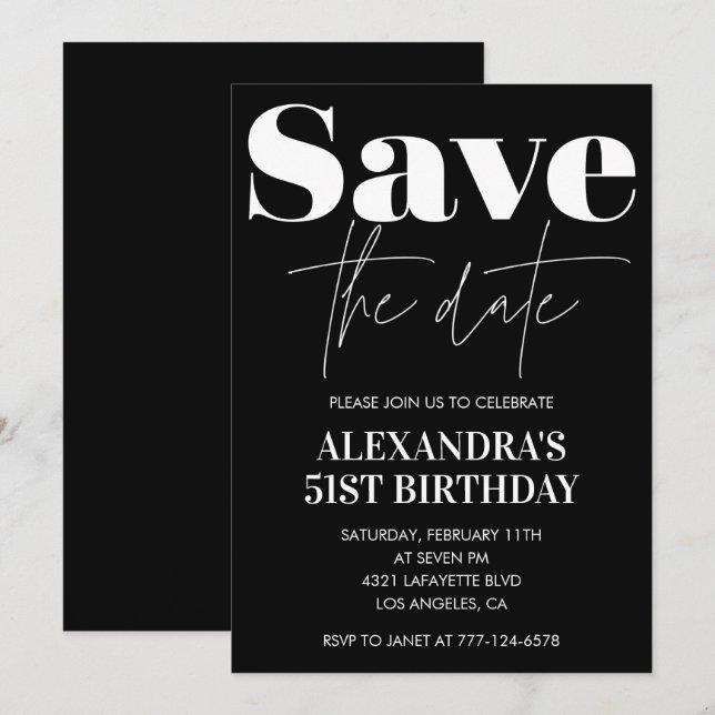 Black White 51st birthday invitation Save the date (Front/Back)