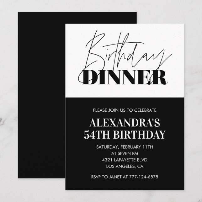 Black White 54th birthday invitations Dinner  (Front/Back)