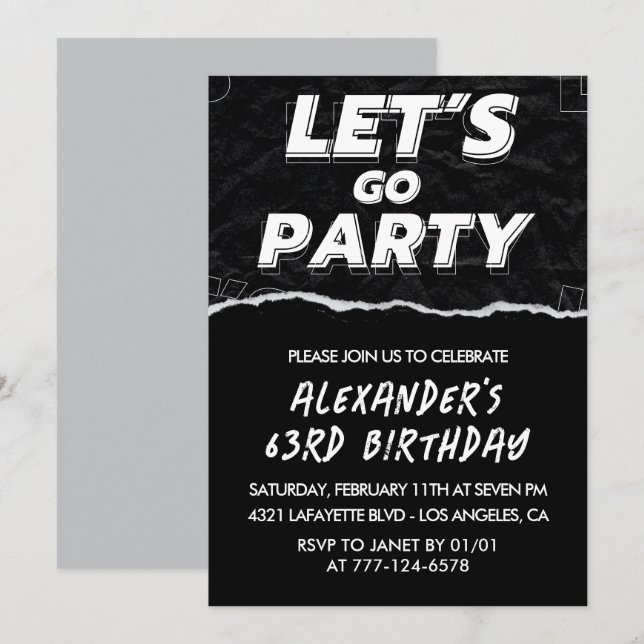 Black White 63rd birthday invitations Men  (Front/Back)