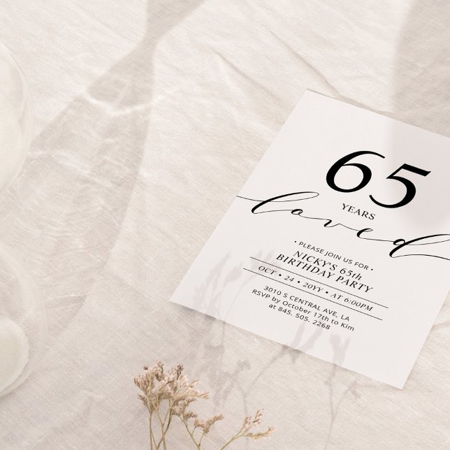 Black & White | 65 Years Loved 65th Birthday Party Invitation (Creator Uploaded)