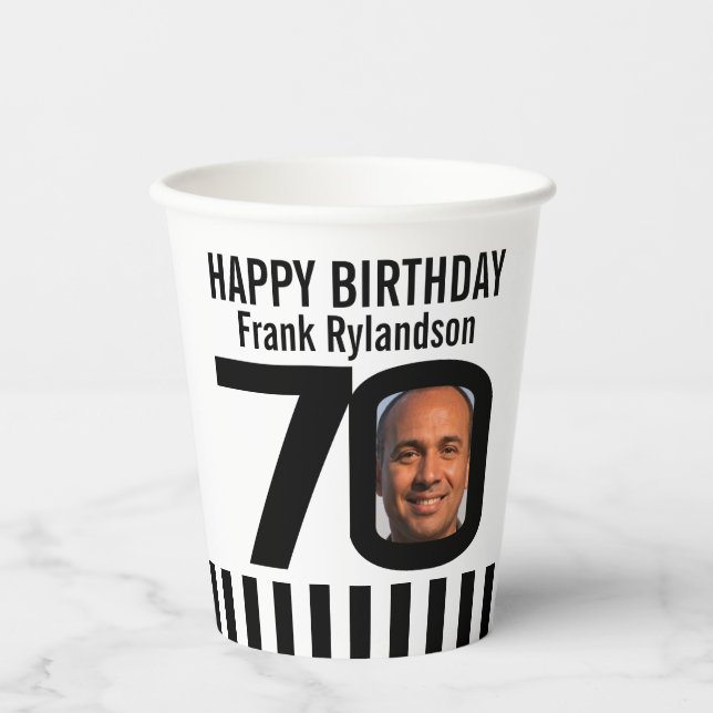 Black white 70th birthday custom photo paper cups (Front)
