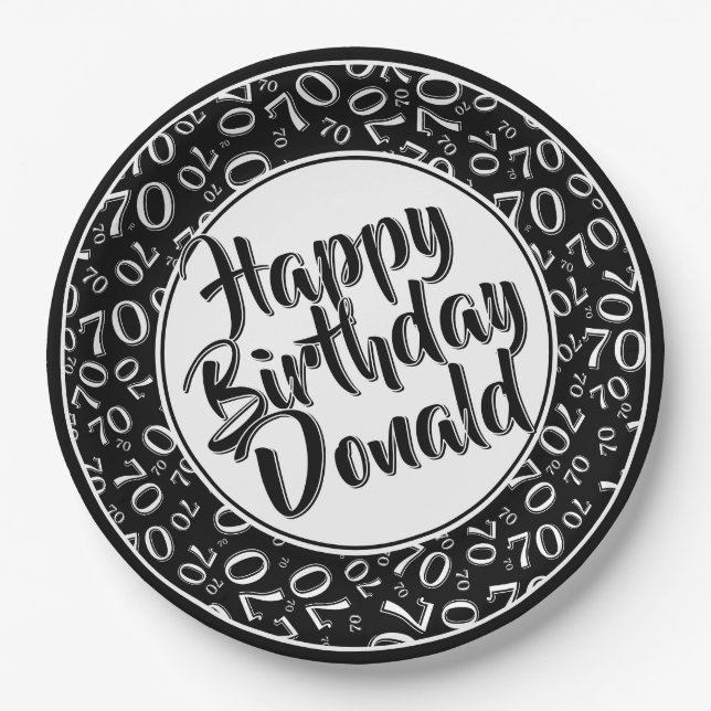 Black/White 70th Random Number Pattern Paper Plate (Front)