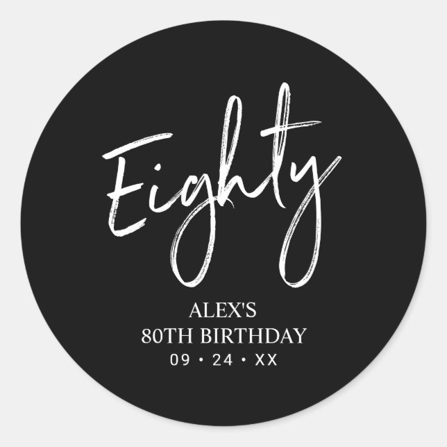 Black & White 80th Birthday Party Favour Thank you Classic Round Sticker (Front)