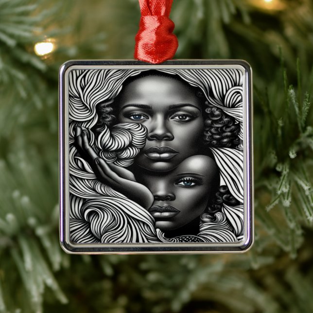 Black & White Abstract African American Women Metal Ornament (Tree)