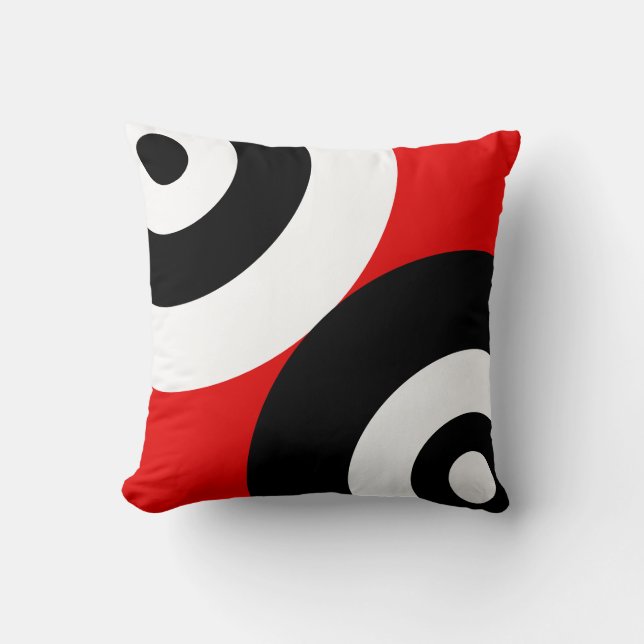 Black & White Abstract Circles on Red Cushion (Front)