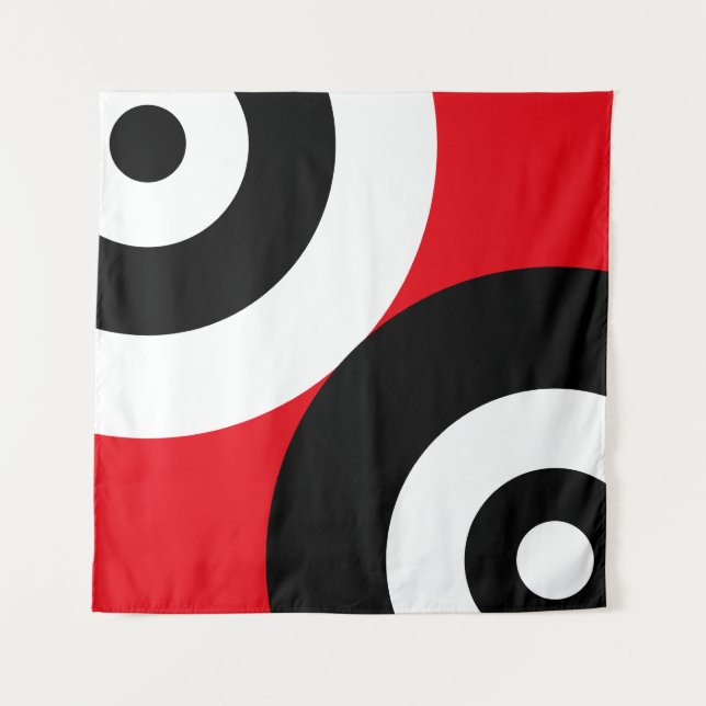 Black & White Abstract Circles on Red Tapestry (Front)