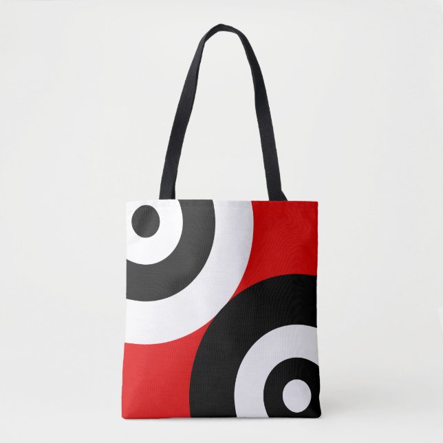 Black & White Abstract Circles on Red Tote Bag (Front)