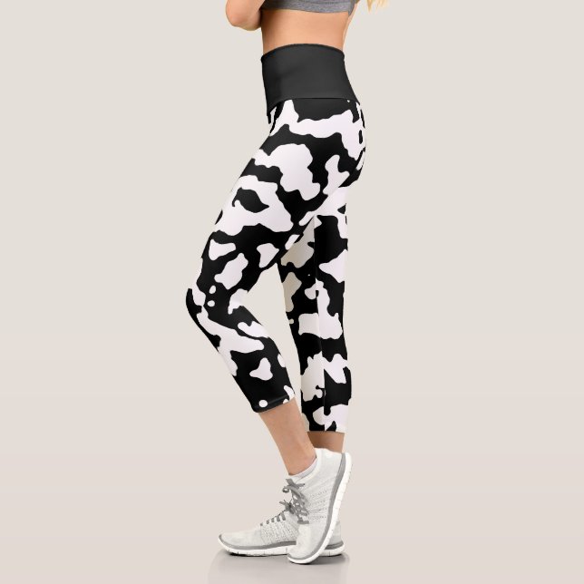 Black White Abstract Cow Print Capri Leggings (Left)