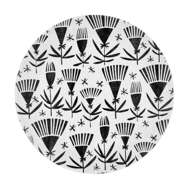 Black White Abstract Flowers: Elegant Pattern Cutting Board (Front)