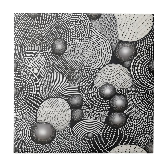 Black White Abstract Flowing Lines Geometric Ceramic Tile (Front)