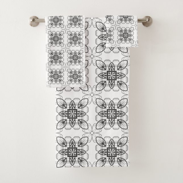 Black White Abstract Geometric Floral Pattern Bath Towel Set (Insitu)