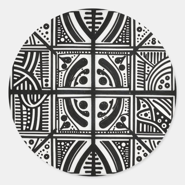Black White Abstract Geometric Pattern Classic Round Sticker (Front)