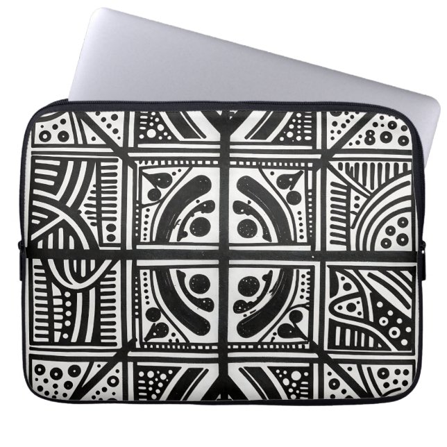 Black White Abstract Geometric Pattern Laptop Sleeve (Front)