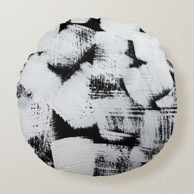 Black white, abstract painted canvas. round cushion (Front)