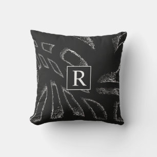 Black White Abstract Patterns Monogram Initials Cushion