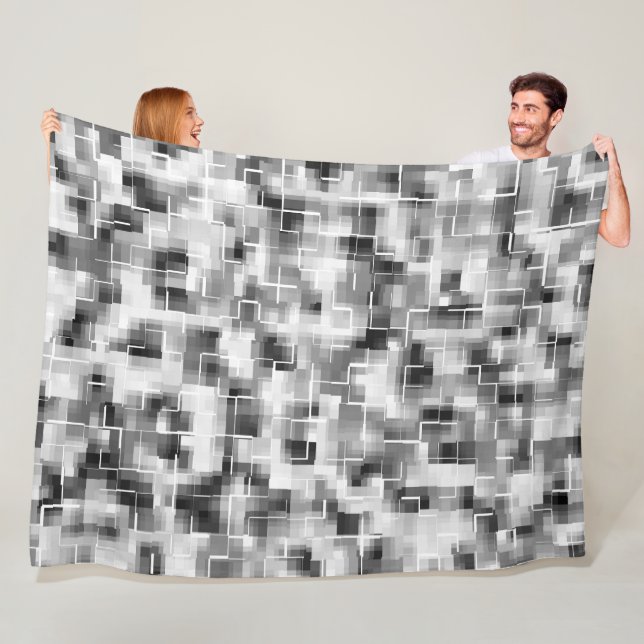 Black White Abstract Plaid Fleece Blanket (In Situ)
