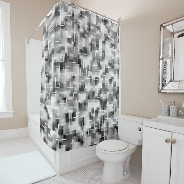 Black White Abstract Plaid Shower Curtain (In Situ)