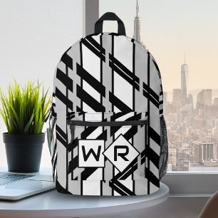 Black White Abstract Skyline Pattern Monogram Printed Backpack