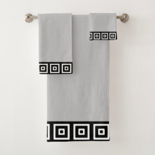 Black & White Abstract Squares on Silver Grey Bath Towel Set