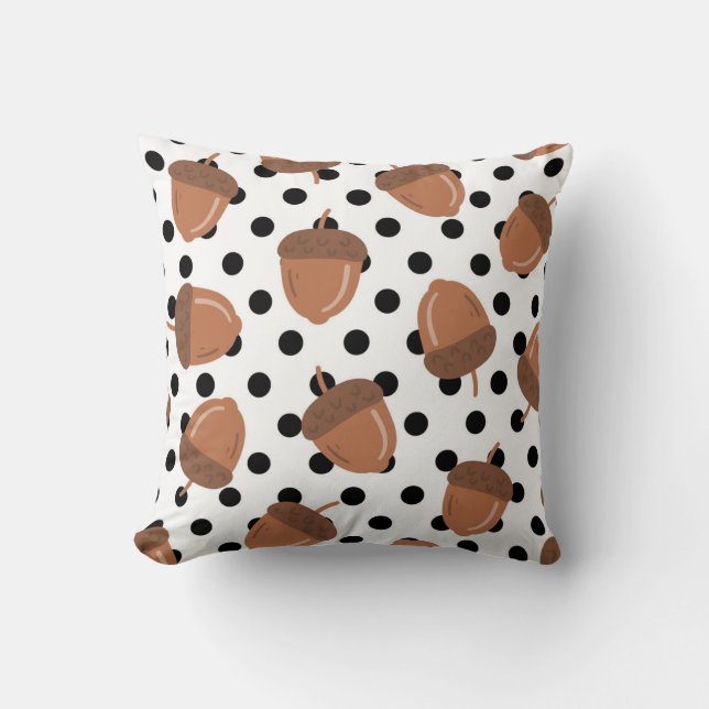 Black & White Acorn Botanical Polka Dot Cosy Fall Cushion (Front)