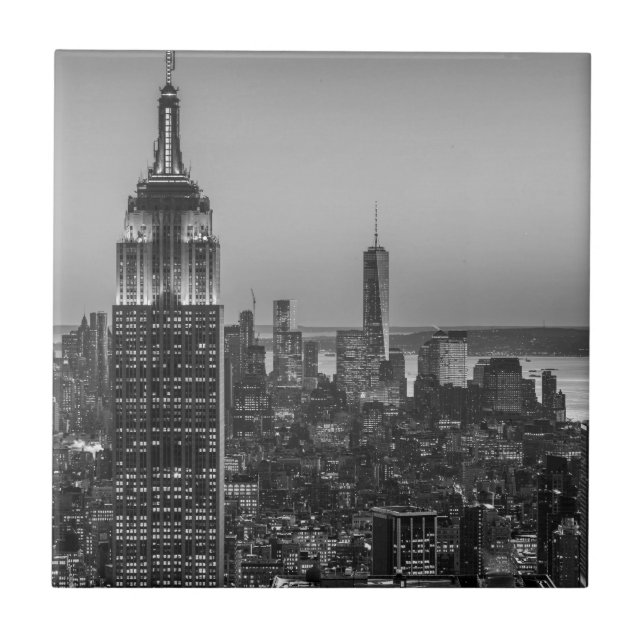 Black & White Aerial View of New York City Night Ceramic Tile (Front)