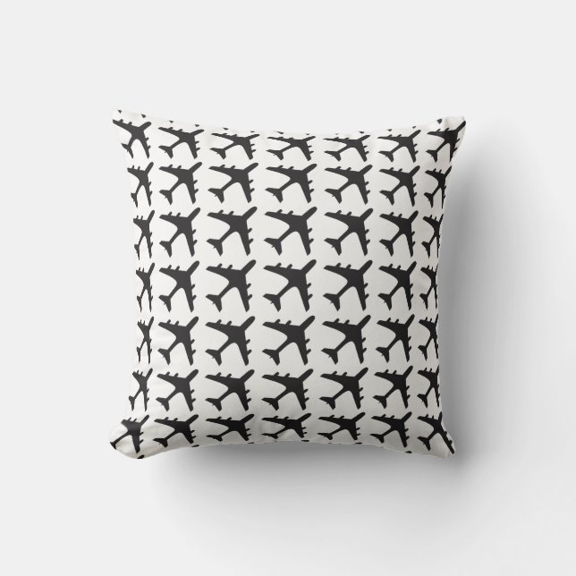 Black white aeroplane pattern decorative pillow (Front)