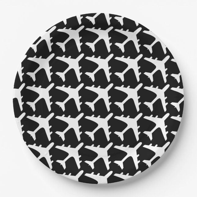 Black white aeroplane pattern paper plates (Front)