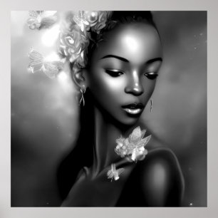 Black White African Girl monochrome Butterfly 2 Poster