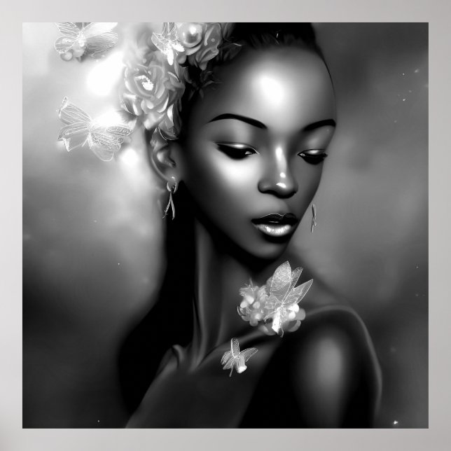 Black White African Girl monochrome Butterfly 2 Poster (Front)
