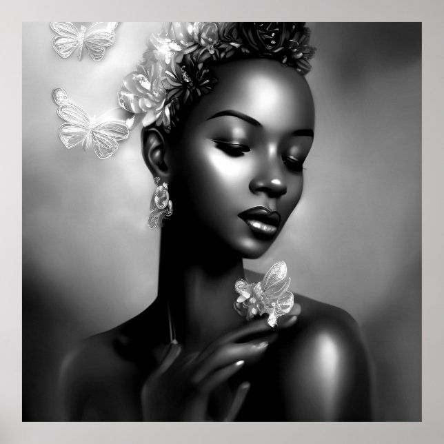 Black White African Girl monochrome Butterfly Poster (Front)