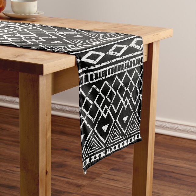 Black White African Tribal Pattern Short Table Runner (In Situ)