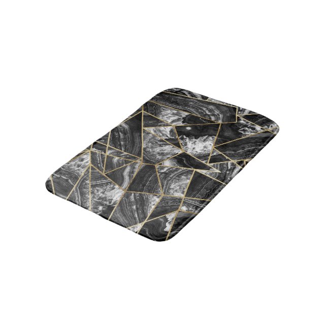 Black White Agate Black Gold Geometric Triangles Bath Mat (Angled)
