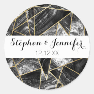 Black White Agate Black Gold Geometric Triangles Classic Round Sticker