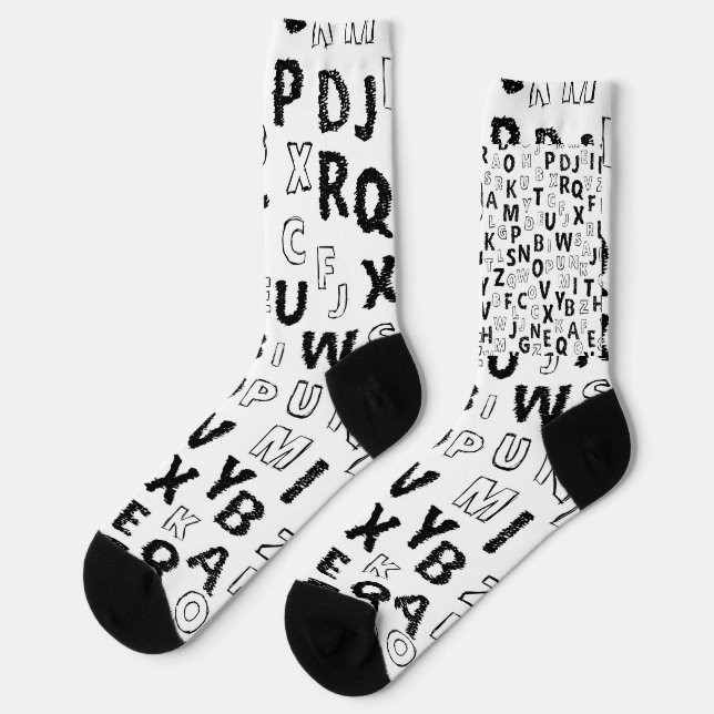 Black & White Alphabet Pattern Crew Socks (Left)