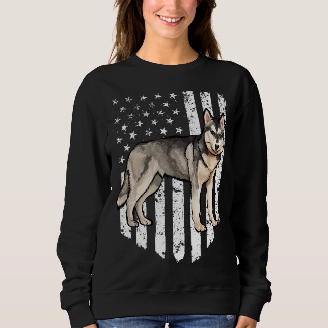 Black White American Flag Siberian Husky 4th Of Ju Sweatshirt (Front)