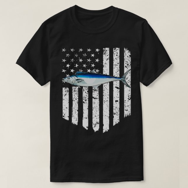 Black White American Flag Spanish Mackerel 4th Of  T-Shirt (Design Front)