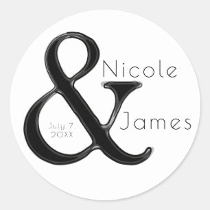 Black & White Ampersand Chic Custom Wedding Favour Classic Round Sticker