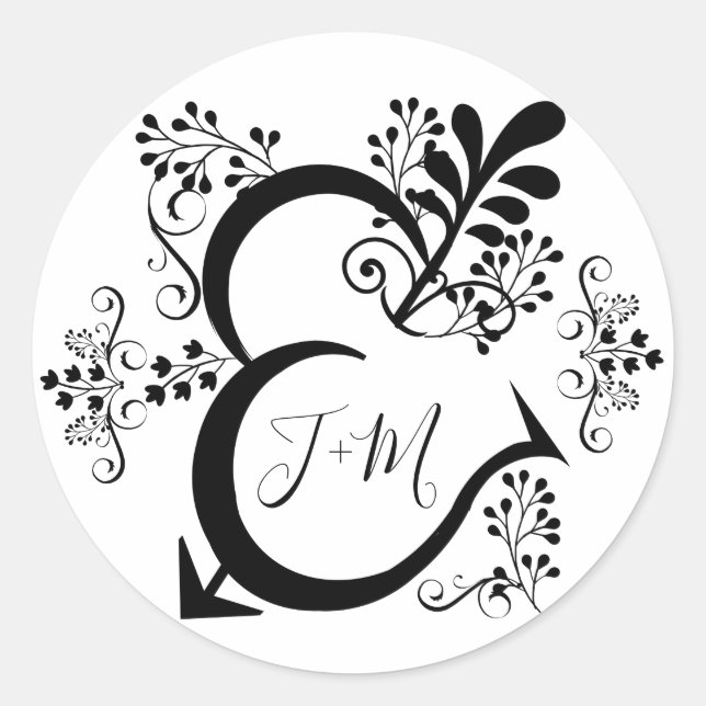Black & White Ampersand Heart Classic Round Sticker (Front)