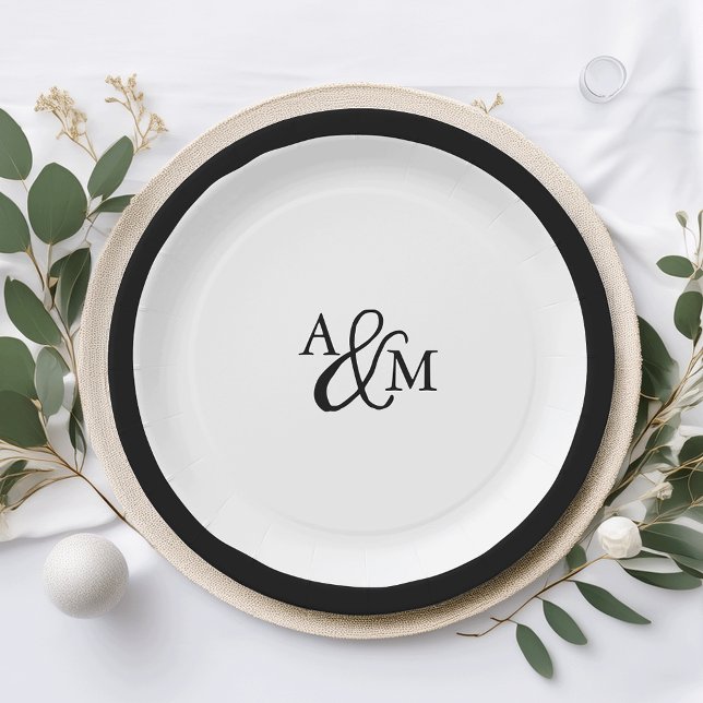 Black & White Ampersand Monogram Wedding Paper Plate (Creator Uploaded)