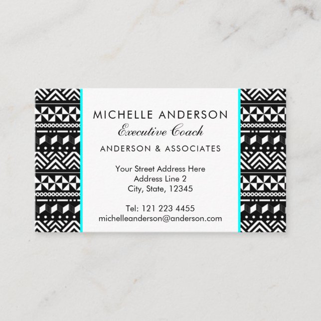 Black White and Aqua Tribal Zigzag Stripes Business Card (Front)