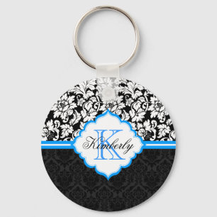 Black White And Blue Floral Damasks Key Ring