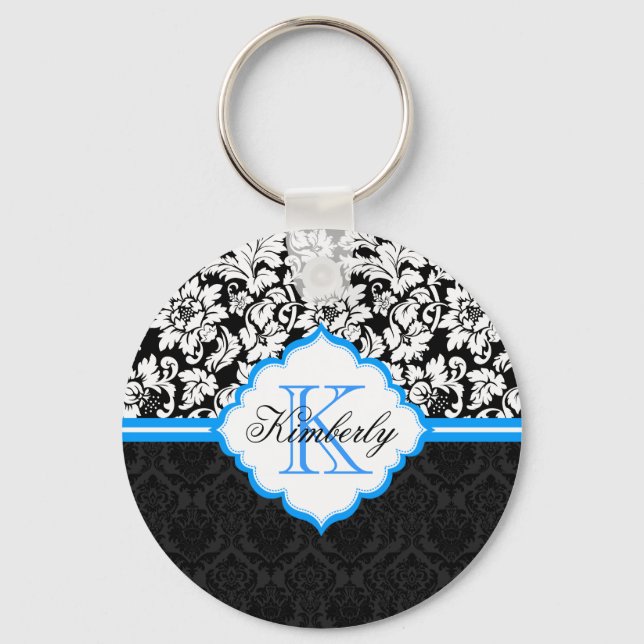Black White And Blue Floral Damasks Key Ring (Front)