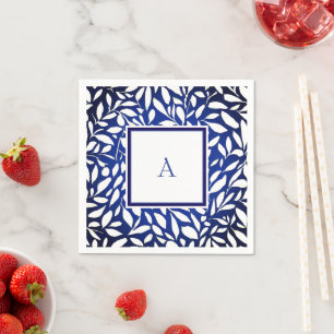 Black, White and Blue Monogram Leaf Pattern Napkin