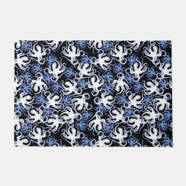 Black, White and Blue Octopus Seamless Pattern Doormat (Front)