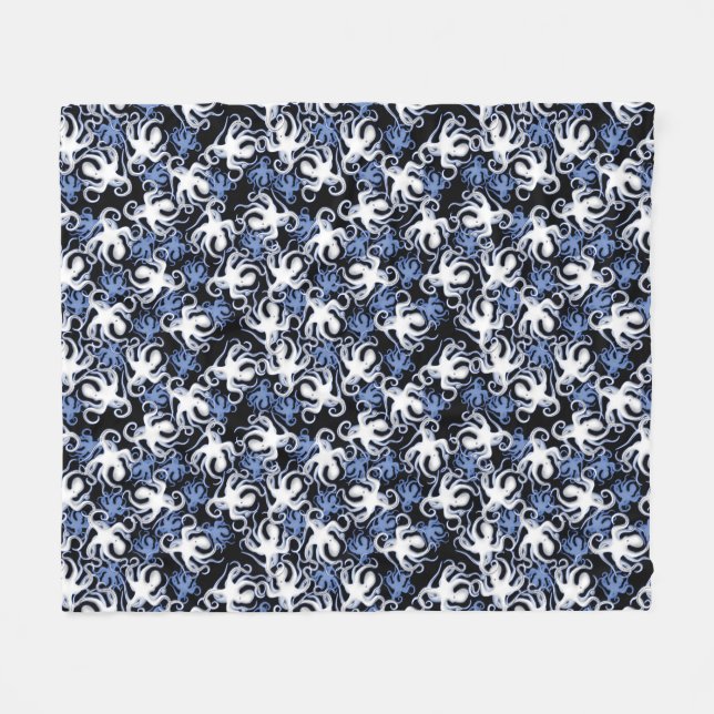 Black, White and Blue Octopus Seamless Pattern Fleece Blanket (Front (Horizontal))