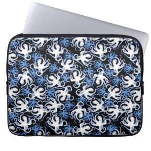 Black, White and Blue Octopus Seamless Pattern Laptop Sleeve