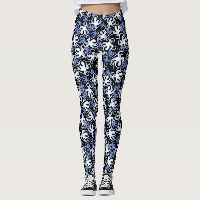 Black, White and Blue Octopus Seamless Pattern Leggings (Front)